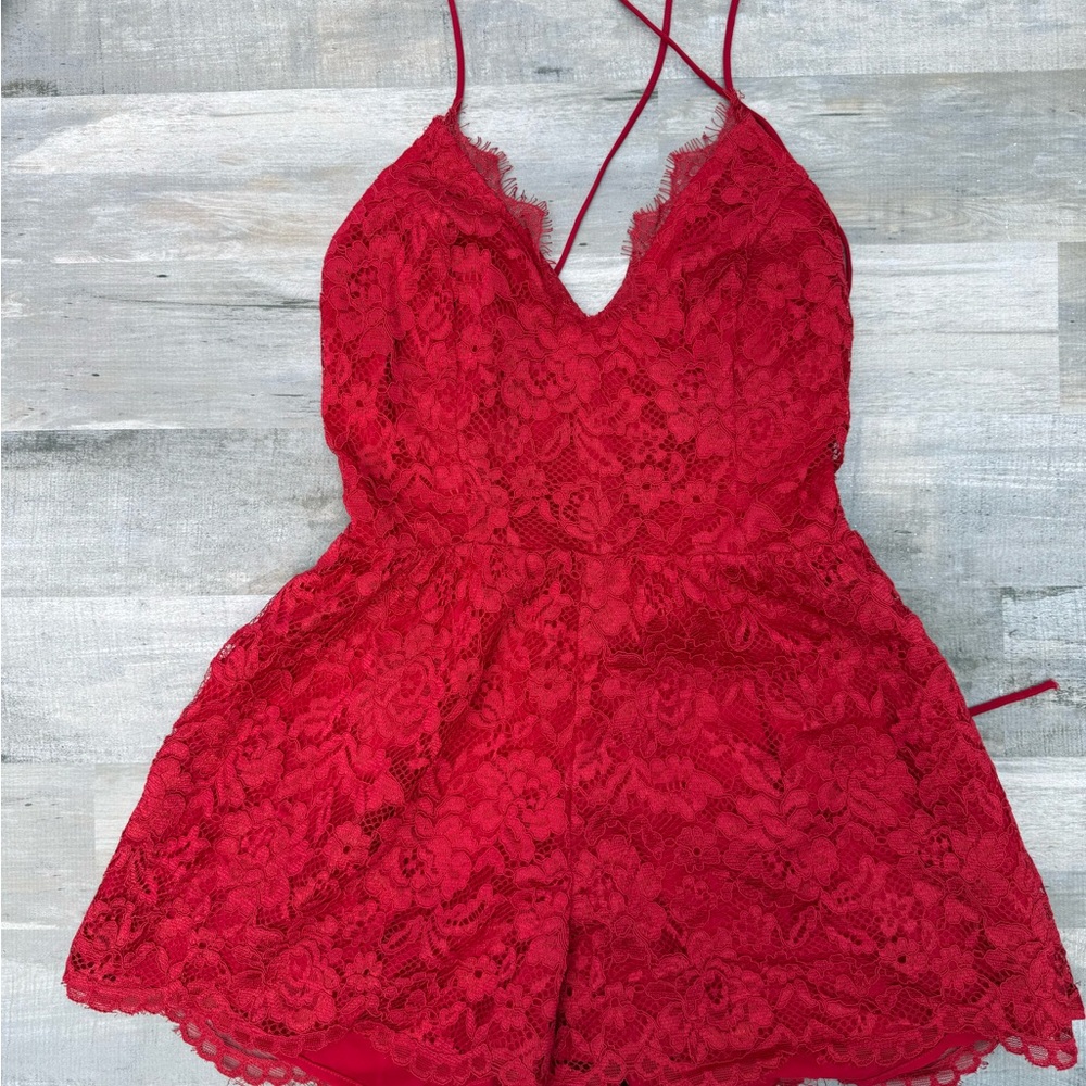 NBD Red Lace Romper Chemise with Delicate Straps